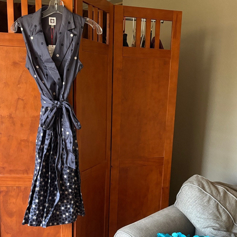 Anne Klein Nantucket Pleated Wrap Black and White Polka Dot Midi Dress